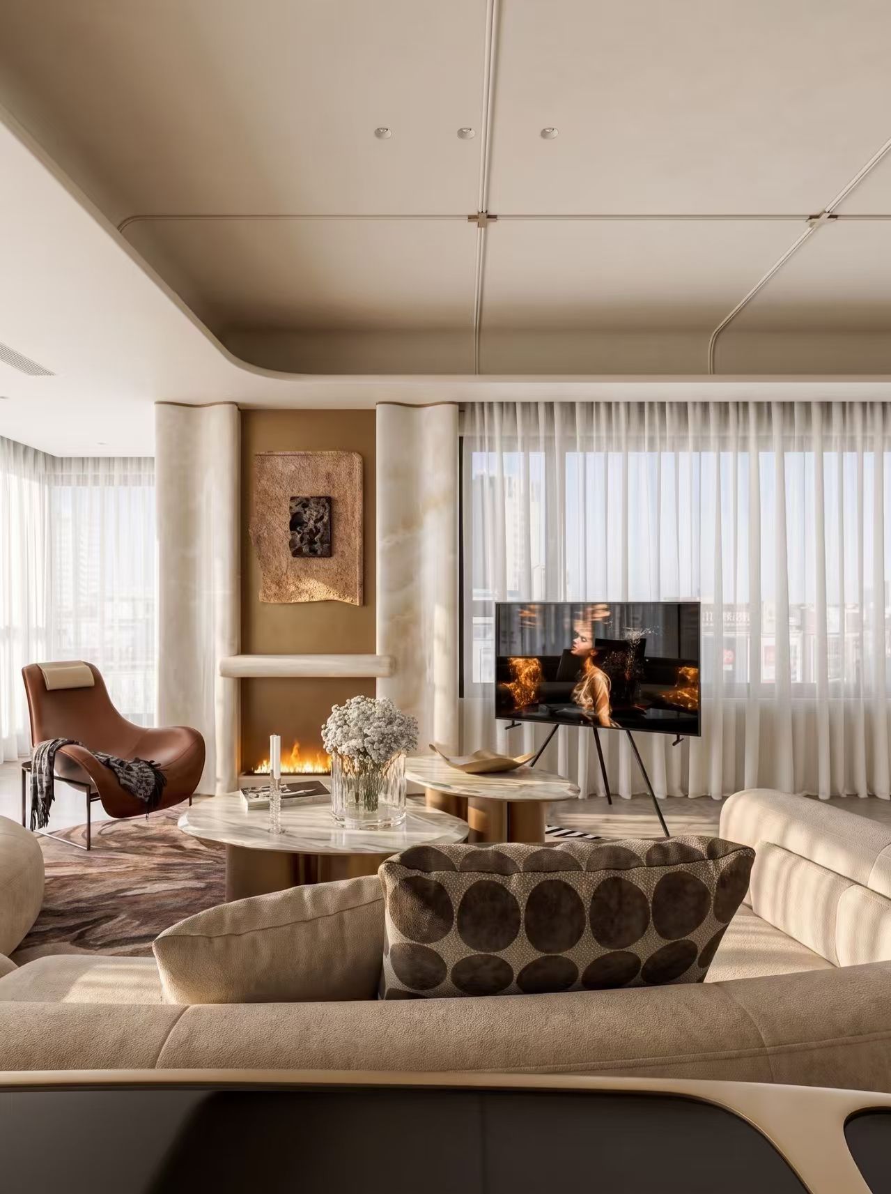 Contemporary Flat Living Room — Sculptural Lighting + Textured Layers -- view 6 of 8