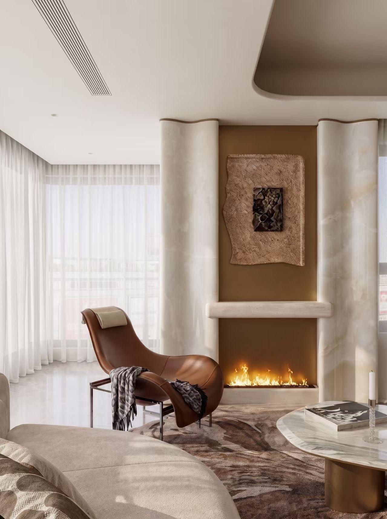 Contemporary Flat Living Room — Sculptural Lighting + Textured Layers -- view 2 of 8