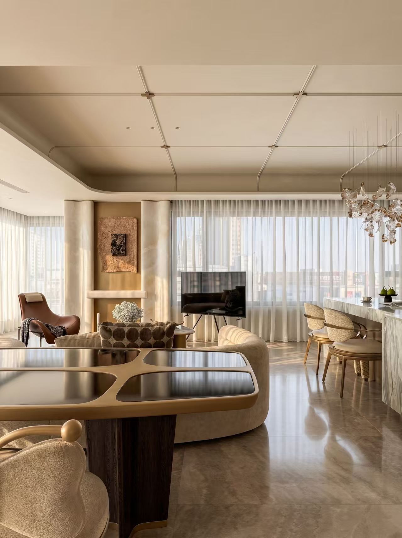 Contemporary Flat Living Room — Sculptural Lighting + Textured Layers -- view 3 of 8